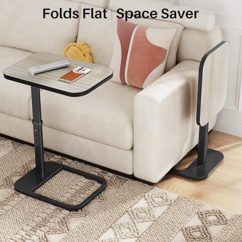 Driftwood Grey TV Tray Table, Adjustable Height & Rounded Metal Corners, Snack Table for Couch, Sofa, Bed, Chair, Living Room, C Shaped End Side Table for Eating, Dinner or Laptop, Small Spaces