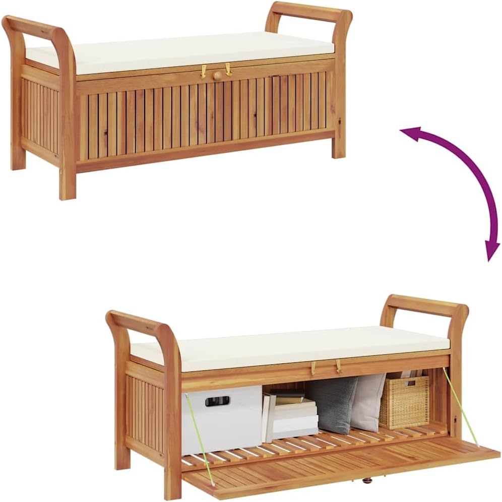 Outdoor Storage Bench with Cream Cushion, 49.6 Inch Acacia Wood Garden Seating with Under Seat Storage, Weather-Resistant Patio Entryway Furniture for Backyard Deck