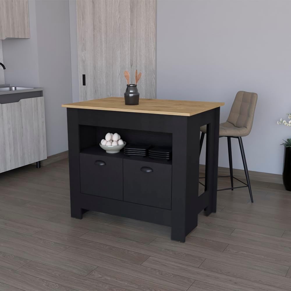 Kitchen Island Geneva Black Macadamia with Multicolor | Spacious 40.5" x 27.5" Macadamia countertop with surface