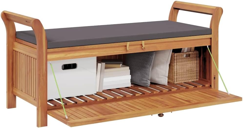 Garden Storage Bench with Cushion, Solid Acacia Wood Outdoor Patio Seat for Backyard, Porch, or Deck, 2-Seater Seating and Under-Seat Storage, Brown Finish, 49.6-inch Wide