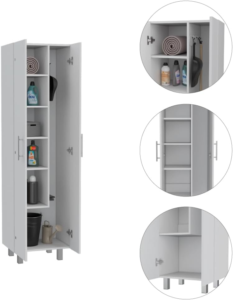 9-Shelf 2-Door Kitchen Island and Pantry Set in White and Light Oak | Combines 9 shelves and 2 doors for expanded storage capacity