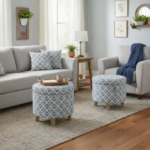 Homepop Home Decor | Upholstered Round Storage Ottoman | Ottoman with Storage for Living Room & Bedroom with Flared Legs, Navy Blue Geometric Pattern Large