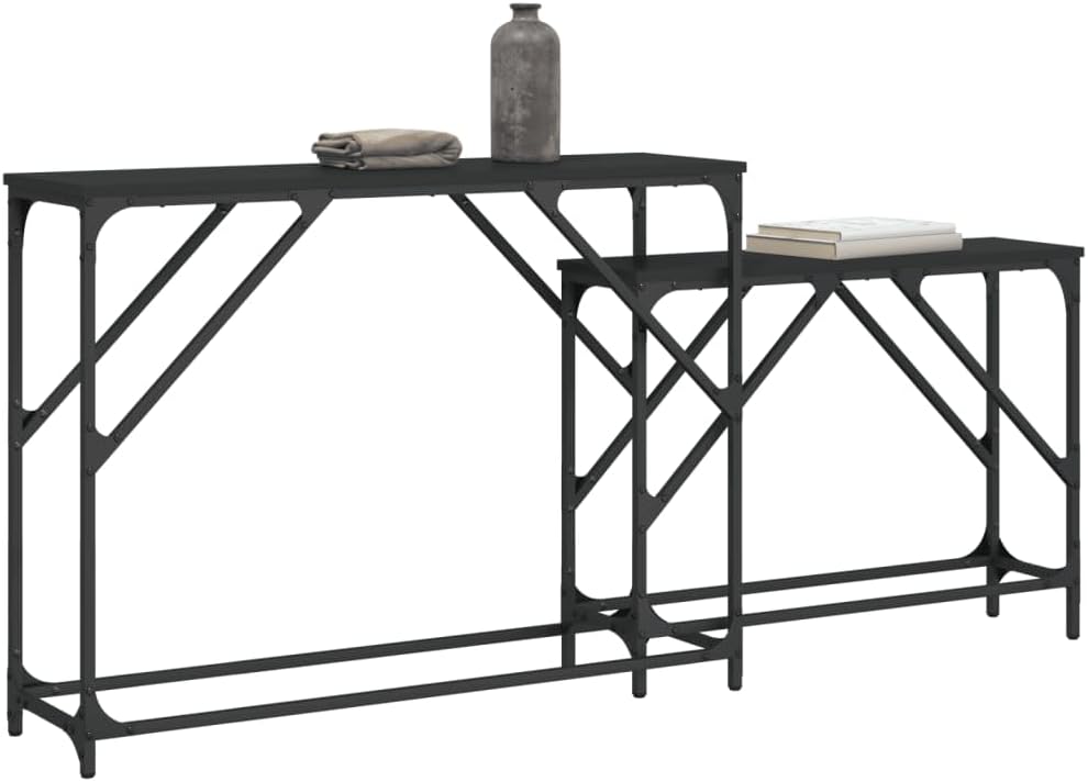 Nesting Console Tables 2 Pack Black Engineered Wood | Metal Frame, Industrial Style, Space Saving, Versatile for Living Room or Hallway