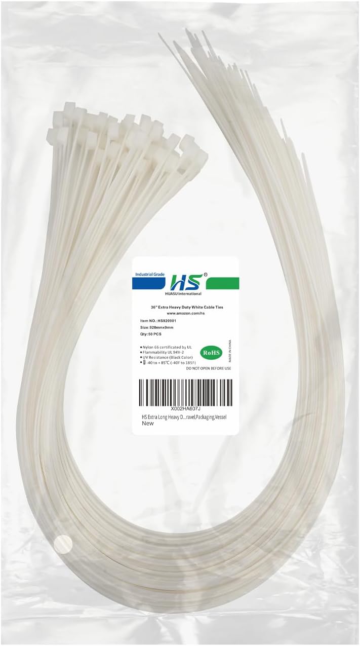 HS Extra Long Heavy Duty Zip Tie Straps (50 Pack) Thick 0.35 Inch Plastic Duct Zip Ties Heavy Duty 200 Pounds Clear,White Large Zip Ties 36 Inch for HVAC,Travel,Packaging,Vessel