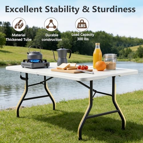 Folding Dining Table Set for 4, 5FT Foldable Plastic Table with Carrying Handle & 4 PU Leather Padded Folding Chairs, Portable Table and Chairs Set for Indoor Outdoor, Party, Wedding, Picnic, Camping