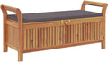 Solid Acacia Wood Patio Storage Bench with Cushion, 49.6 Inch Outdoor Garden Bench with Curved Arms and Ample Storage Space for Cushions, Pillows, Blankets