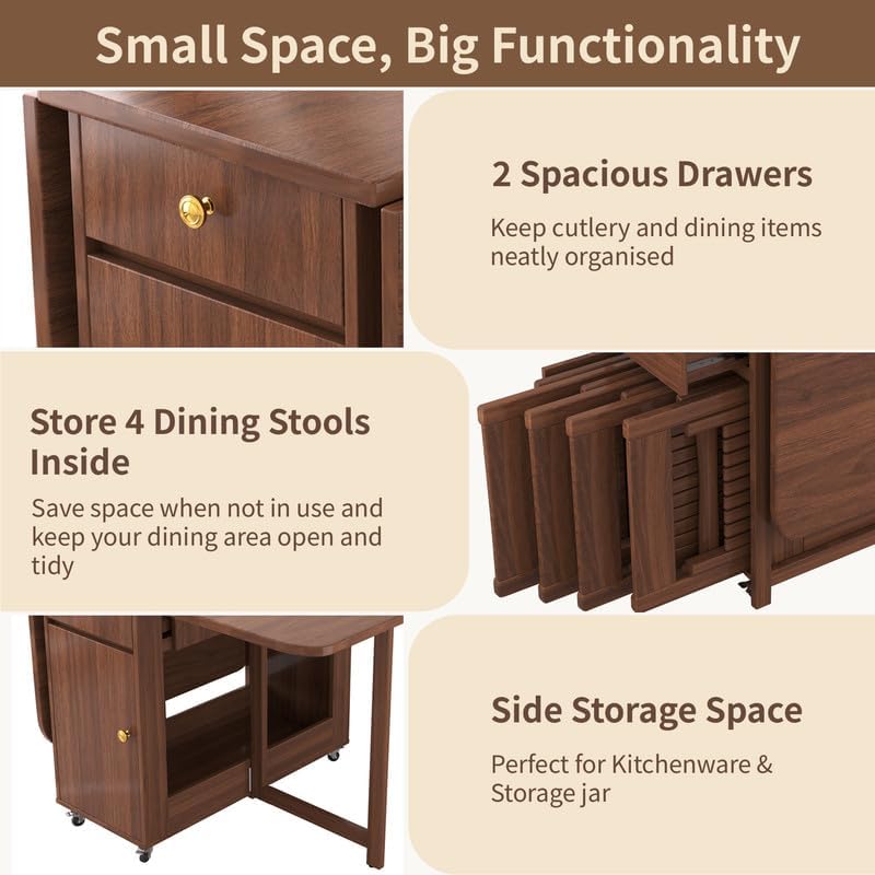 Folding Drop Leaf Dining Table with Hideaway Chairs for Small Spaces | Ready Assembled, Space Saving, Storage Cabinet, 4 Lockable Wheels, Supports up to 300 lbs, Solid Wood & Wood Grain Finish