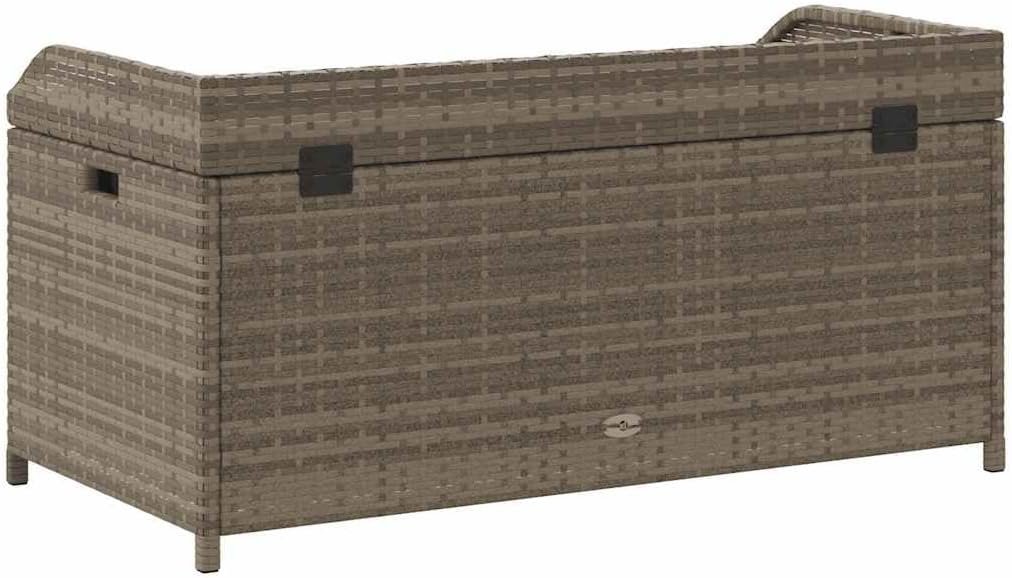Poly Rattan Outdoor Storage Bench with Gas Spring Lid, Water-Resistant Acacia Wood Seat, Ample Space for Cushions and Tools, Grey and Brown