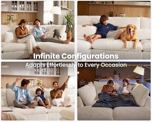 115" Oversize Corduroy Modular Sectional Sofa Couches for Living Room,White | Washable Couch with Fully Removable Cover, Cloud Couch Sectional, 5 Seater with Ottoman, Corner & V-Shaped