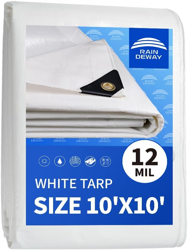 RAINDEWAY 12 Mil Heavy Duty White Tarp 10x10 Feet, UV Resistant, Waterproof, Weatherproof Poly Tarp with Metal Grommets and Reinforced Edges