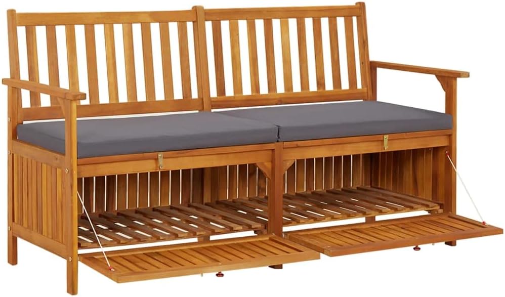 Storage Bench with Cushion Solid Wood Acacia 58.3" Durable Patio Furniture Outdoor Bench Seat for Garden Porch Front Porch Furniture with Ample Storage Space