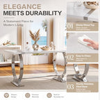 Asday 7 Piece Dining Table Set, Luxury White and Silver Dining Room Table Set with 60 inch Rectangular Dining Table and 6 White Leather Dining Chairs