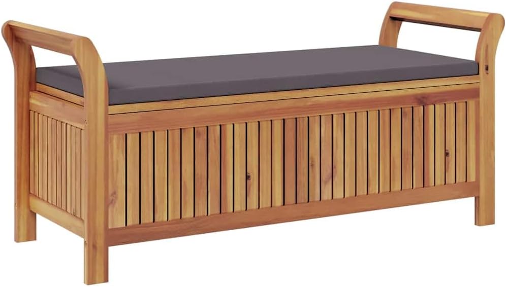Garden Storage Bench with Cushion, Solid Acacia Wood Outdoor Patio Seat for Backyard, Porch, or Deck, 2-Seater Seating and Under-Seat Storage, Brown Finish, 49.6-inch Wide