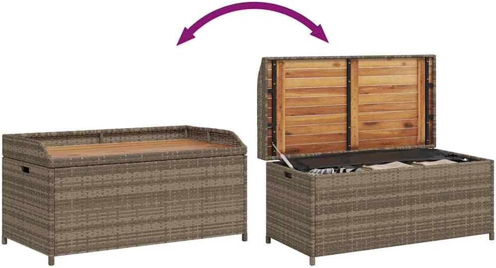Poly Rattan Storage Bench Gray 39.4x19.7x20.5 Inches, Outdoor Patio Seat with Waterproof Bag, Acacia Wood and PE Rattan Garden Storage Box