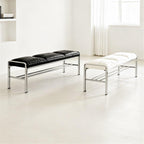 Modern Stainless Steel Long Bench with White Leather Cushion Home-use Soft-Padded Shoe Changing Stool Entryway(Medium)
