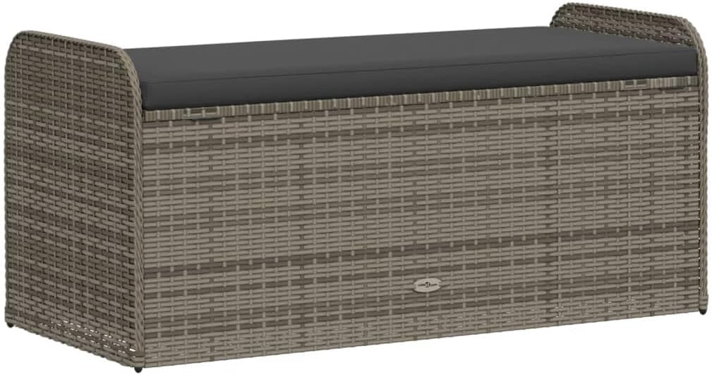 Storage Bench Grey PE Rattan Outdoor Seating Chest with Removable Cushion, 2 Person Woven Patio Garden Furniture for Terrace and Deck, Powder-Coated Steel Frame, 45.3 Inch