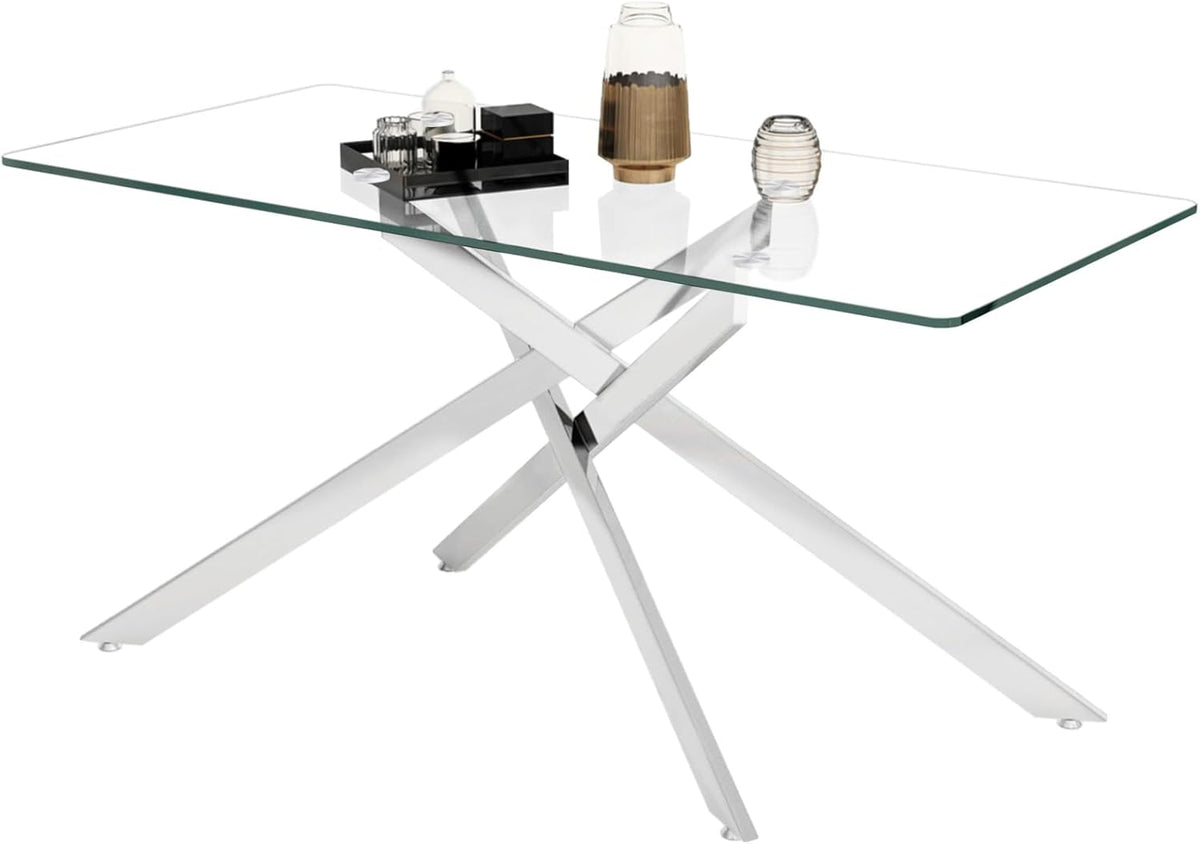 61" Rectangle Glass Dining Table for 4-6, Luxury Kitchen Table with Tempered Glass Top and Silver Metal Cross Legs, Modern Glass Dinner Table for Kitchen Dining Room Small Apartment