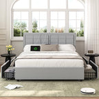 VECELO Full Size Bed Frame with 4 Drawers, Adjustable Tufted Button Headboard, Upholstered Platform with Wood Slats Support, Built-in USB and Type C Ports, Light Gray