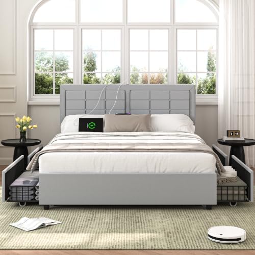 VECELO Full Size Bed Frame with 4 Drawers, Adjustable Tufted Button Headboard, Upholstered Platform with Wood Slats Support, Built-in USB and Type C Ports, Light Gray