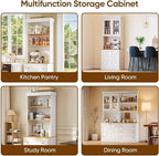 71" White Farmhouse Kitchen Pantry Cabinet Set of 3— Freestanding Coffee Bar with Glass Doors or Drawers, Microwave Stand, Large Storage Hutch with Adjustable Shelves for Kitchen, Living Room