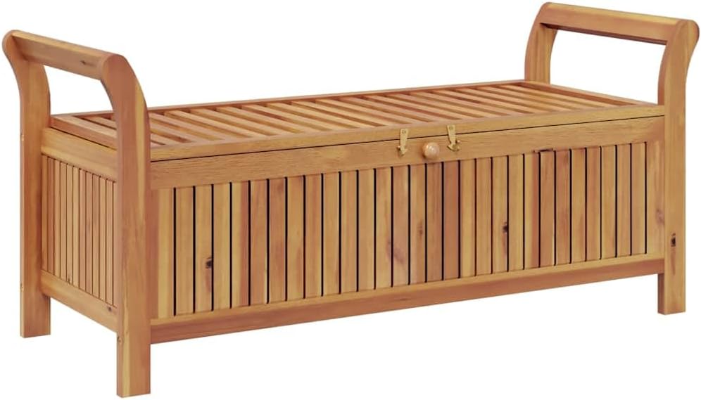 Solid Acacia Wood Patio Storage Bench with Cushion, 49.6 Inch Outdoor Garden Bench with Curved Arms and Ample Storage Space for Cushions, Pillows, Blankets