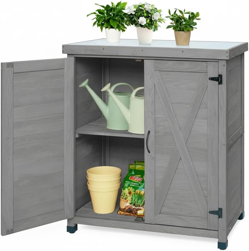 31" Weatherproof Living Room Cabinet, Practical Cabinets with X-Shape Frame, Storage Locker with Magnetic Door for Patio, Gray