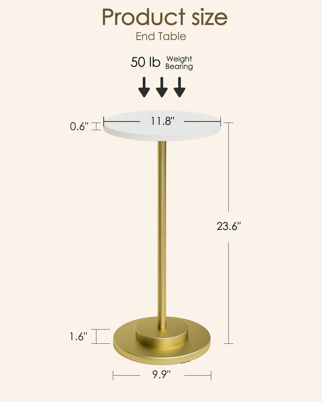 Masupu Drink Table, Round Side Table for Small Spaces, Pedestal Side Table, Small End Table with Metal Base, for Living Room, Bedroom, Bathroom, White Gold