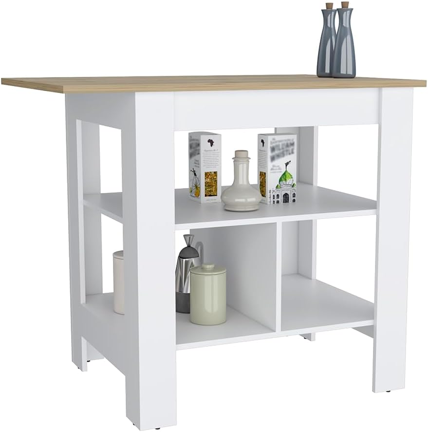 Kitchen Island Pompeya with Three Shelves White Finish | Three-shelf design with white finish and particle board construction
