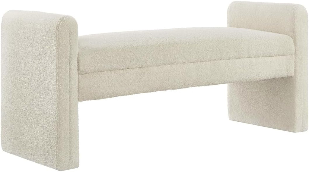 24KF Modern Upholstered Bed Bench Covered with Soft Boucle Teddy Fabric, Lovely Entryway Bench Ottoman with Armrest,5062-Cream