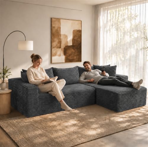 108" Modular Sectional Cloud Couch for Living Room Deep Seat L Shapes Couch with Oversized Chaise Lounge, Comfy Memory Foam Flannel Fabric Sofa for Bedroom Apartment, No Assembly Required
