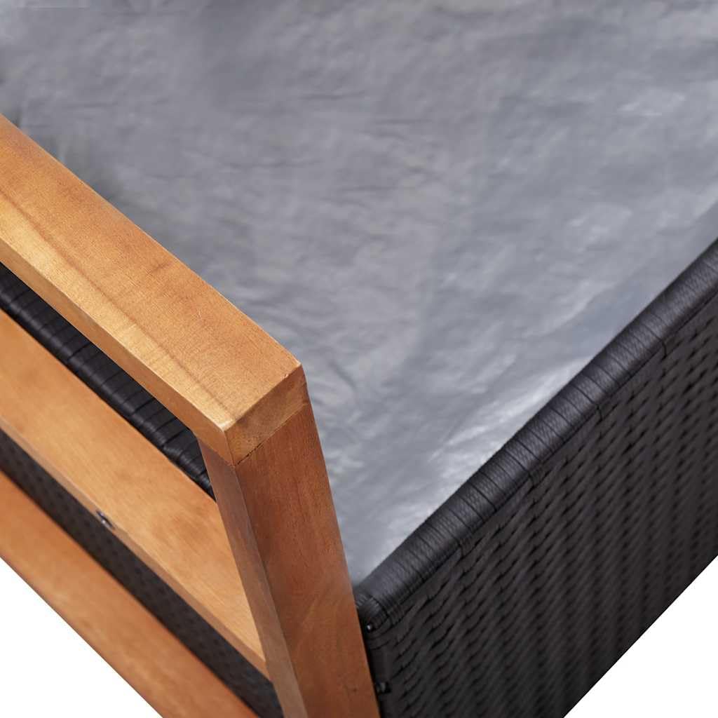 Poly Rattan Outdoor Storage Bench with Solid Acacia Wood Armrests and Backrest, Large Hidden Storage Space, Thick Removable Seat Cushion, Black