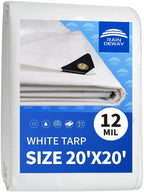 RAINDEWAY 12 Mil Heavy Duty White Tarp 20x20 Feet, UV Resistant, Waterproof, Weatherproof Poly Tarp with Metal Grommets and Reinforced Edges