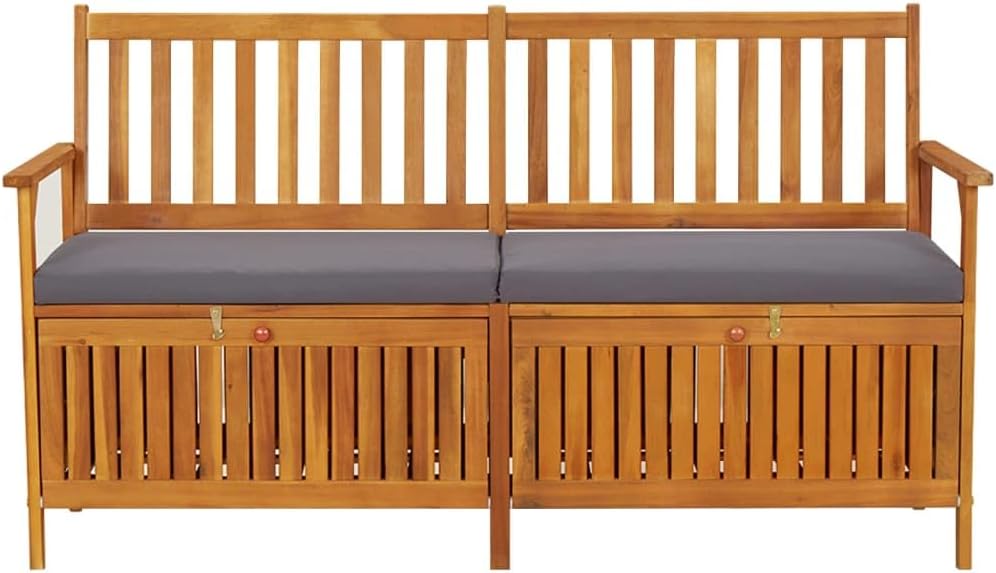 Outdoor Storage Bench with Cushion 58.3 inch Solid Acacia Wood Patio Entryway Seating with Hidden Compartment for Garden Deck Hallway Gray