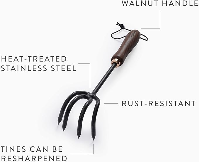 Barebones Cultivator - Weed Remover Tool - Garden Rake and Weeding Tool for Yard Work - Stainless Steel Cultivator for Raking Soil (Walnut/Black)