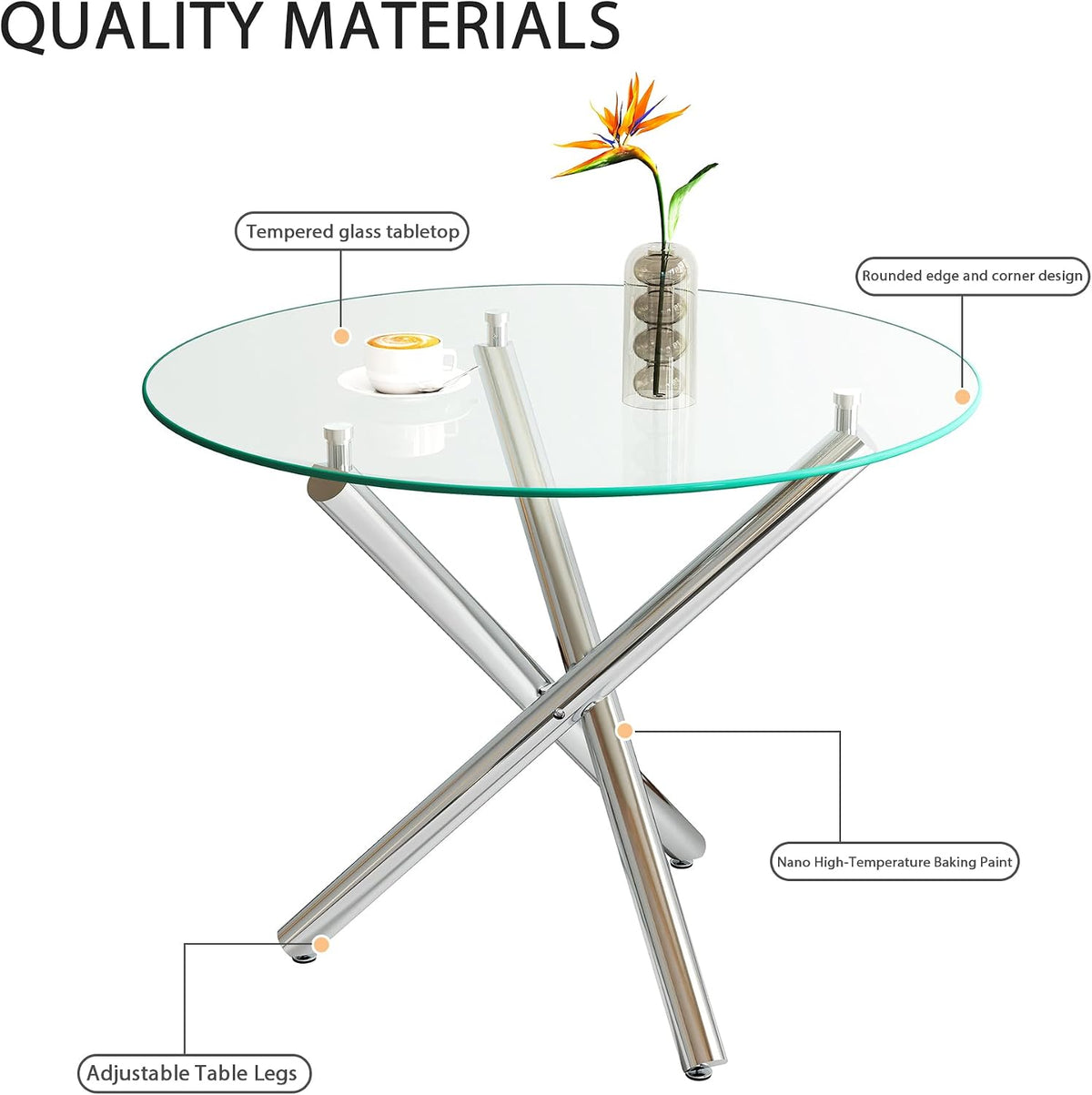 3-Piece Round Glass Dining Table Set for 2, 36" Small Kitchen Table with 2 Velvet Tufted Chairs Modern Silver Glass Dining Room Table Set for Home Kitchen Living Room