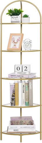 Homhedy 5-Tier Corner Shelf Stand, Metal Corner Bookshelf, Tempered Glass Shelves, Bathroom Storage Rack Shelf, Plant Stand, Modern Style, Golden