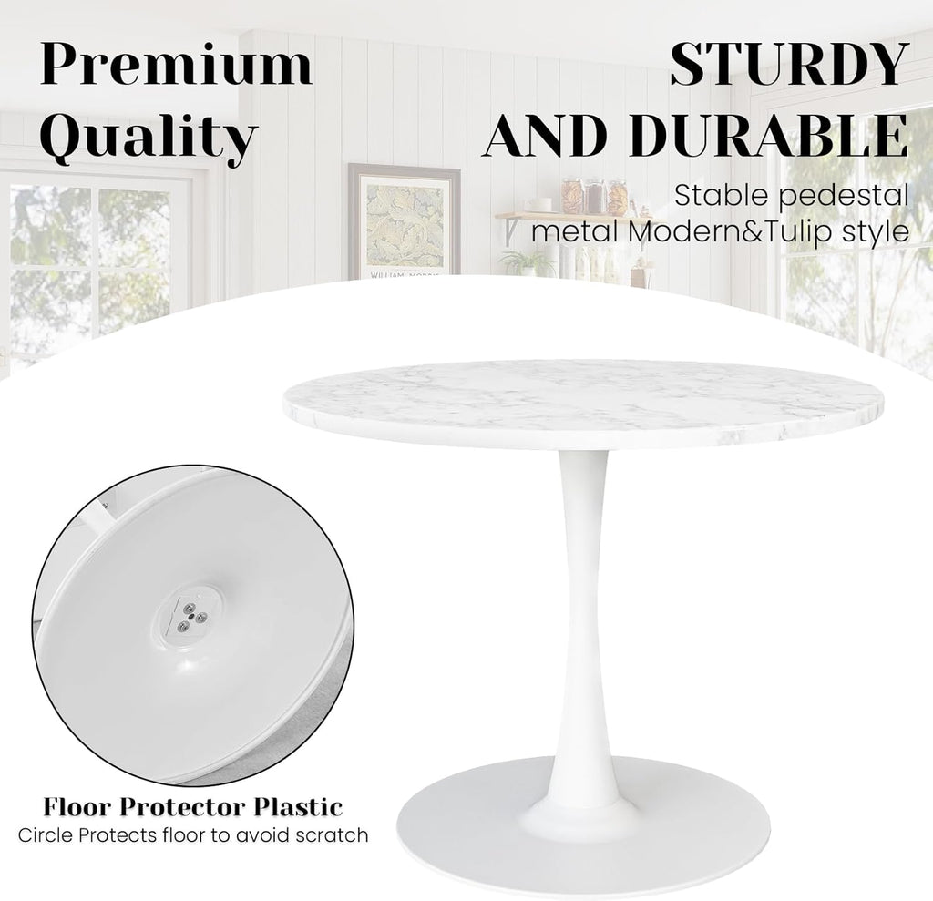 DKLGG White Marble Round Dining Table, 39.1" Tulip Kitchen Dining Table for 4-5 People with MDF Table Top & Pedestal Base, Mid-Century End Living Room Table