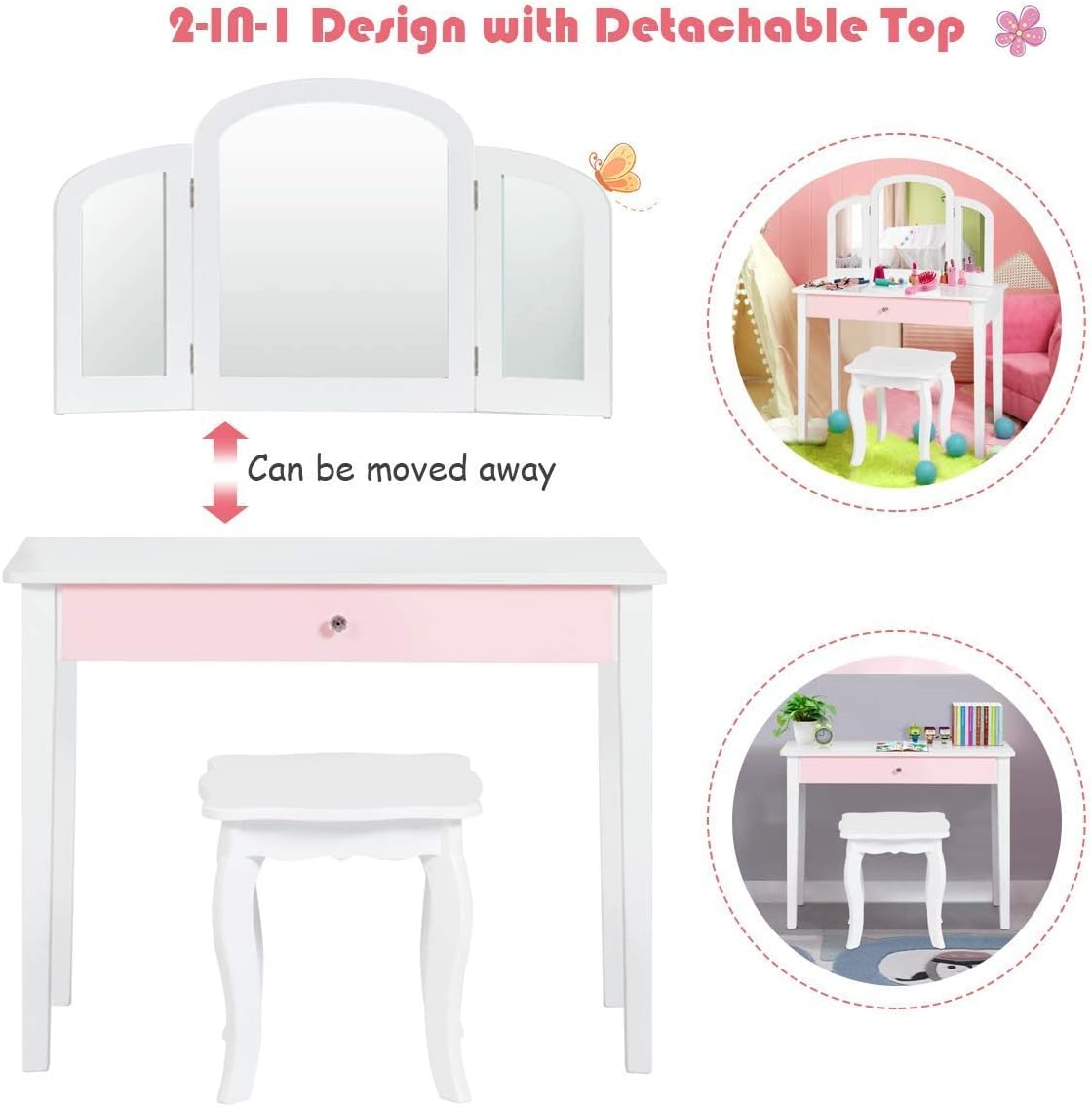 HONEY JOY Kids Vanity Set, Toddler Beauty Makeup Dressing Table w/Stool & Drawer, Tri-Fold Silver Mirror, Detachable Top, Wooden Princess Pretend Play Vanity Set for Little Girls (White)