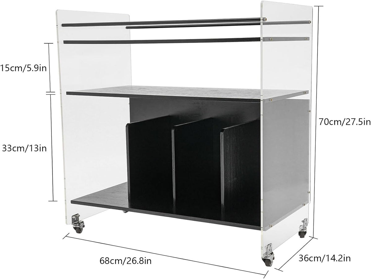 Acrylic End Table with Wheels, 3-Tier Clear Sofa Side Table, Modern Coffee Table with Shelf, Rolling Storage Acrylic Cart Home Decor Nightstand for Living Room Bedroom (Black)