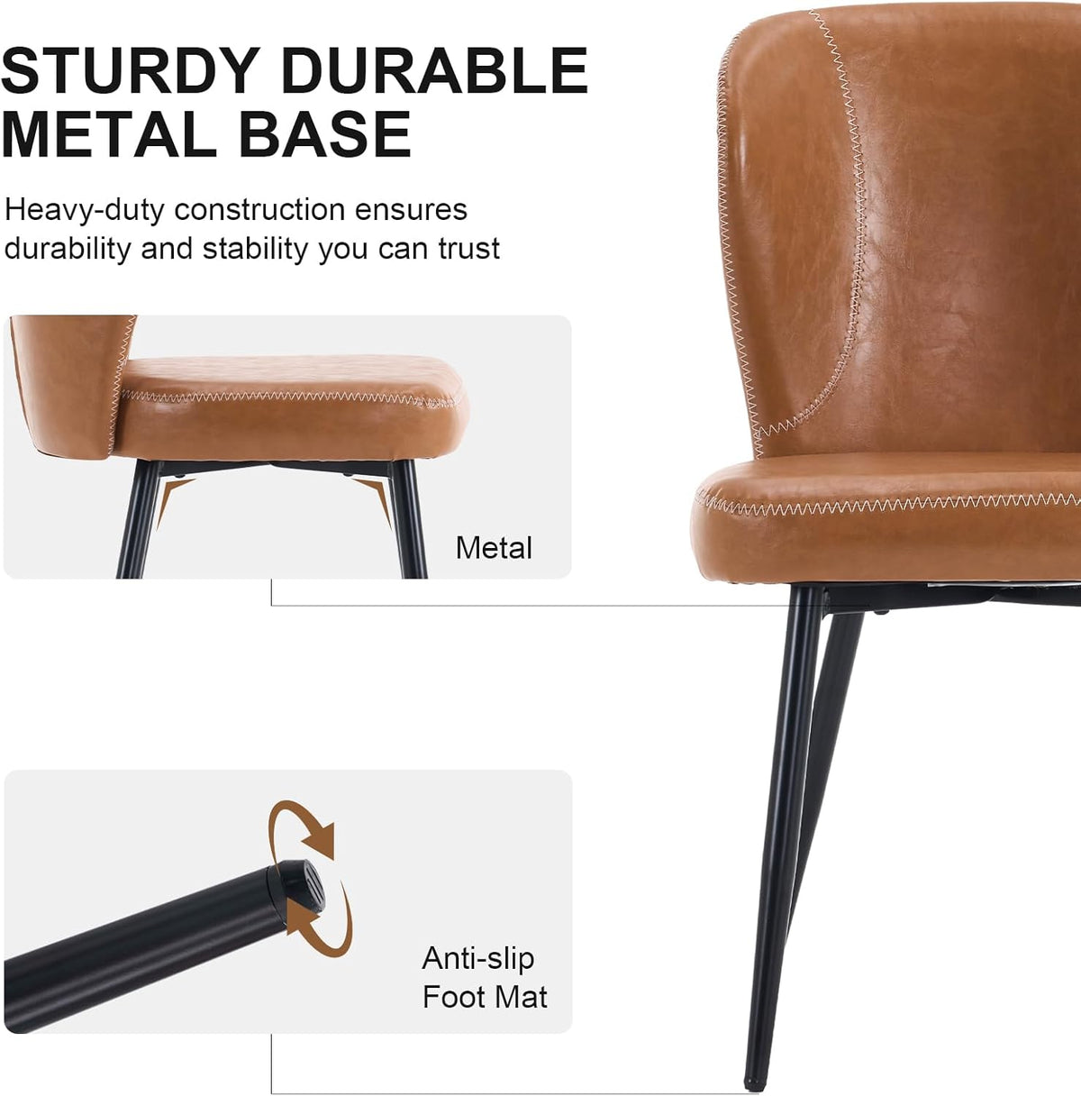 Dining Chairs Set of 2, Upholstered Synthetic Leather Kitchen Chairs, Mid-Century Modern Dining Room Chairs with Thick Cushion, Stitching Backrest and Metal Legs, Brown