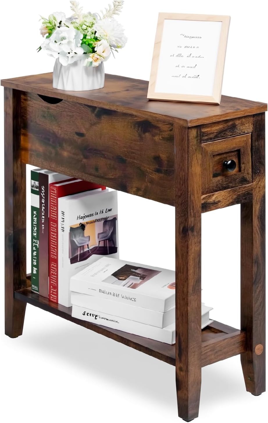 Chairside Table with Charger,Cherry End Table with Movable Top and Charging Station, Narrow Side Table with Storage Cabinet and USB, Sofa Table for Living Room Bedroom