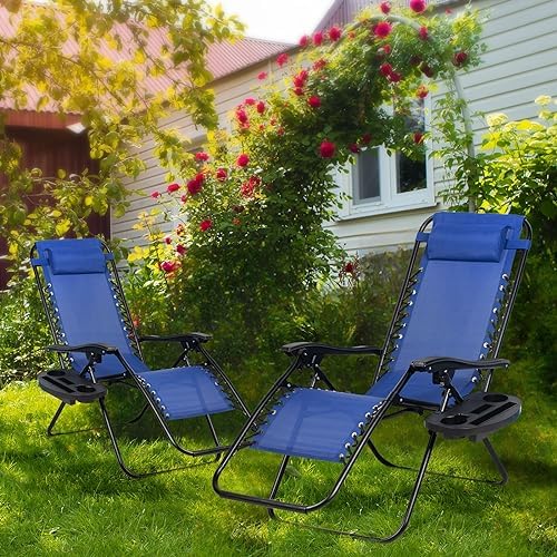 Nazhura Set of 2 Relaxing Recliners Patio Chairs Adjustable Steel Mesh Zero Gravity Lounge Chair Beach Chairs with Pillow and Cup Holder (Blue)