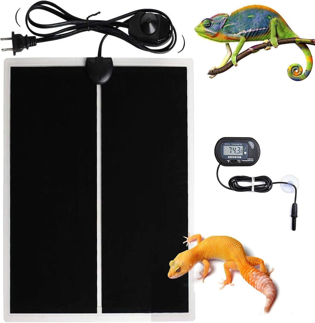 MQ Reptile Terrarium Heat Pad with LCD Digital Aquarium Thermometer, 6 x 11in Power Adjustment Under Tank Heater Mat for Pets, Small Animals, Seedling, 7W