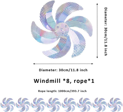 10 Meters of 8 Pieces Reflective Pinwheels Strings, Sparkly Hanging Scare Bird Deterrent Windmills, Outside Bird Repellent Wind Spinners Deterrent Birds Away from Yard Garden Patio Farm