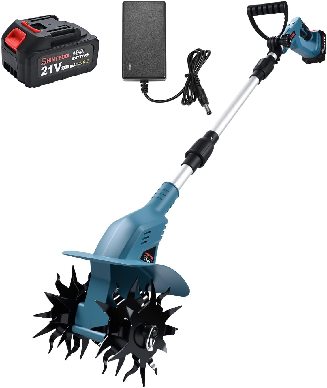 21v Cordless Tiller, 8-Inch Wide 4.0 Ah Battery Powered Garden Cultivator, Cultivator with Steel Tines and Battery Capacity Display, Rototiller for Lawn/Gardening/Soil Cultivation (Blue) by Shintyool