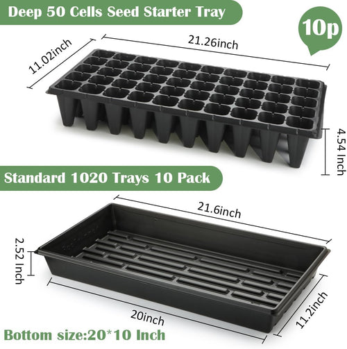 10 Pack 1020 Trays with 10 Pack 3.54" Deep 50 Cell Seed Starter Trays - Seed Starting Kit for Gardening, Durable Plastic Nursery Trays for Seed Germination & Plant Propagation (10 Set)