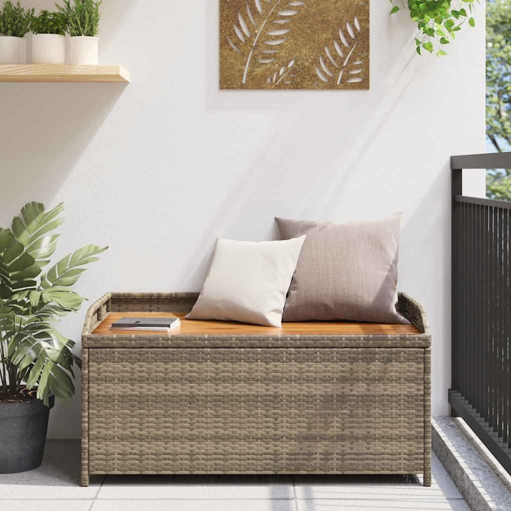Outdoor Storage Bench with Gas Spring Lid, Patio Deck Box with Seating for 2, Poly Rattan and Acacia Wood Garden Storage Bench, Grey