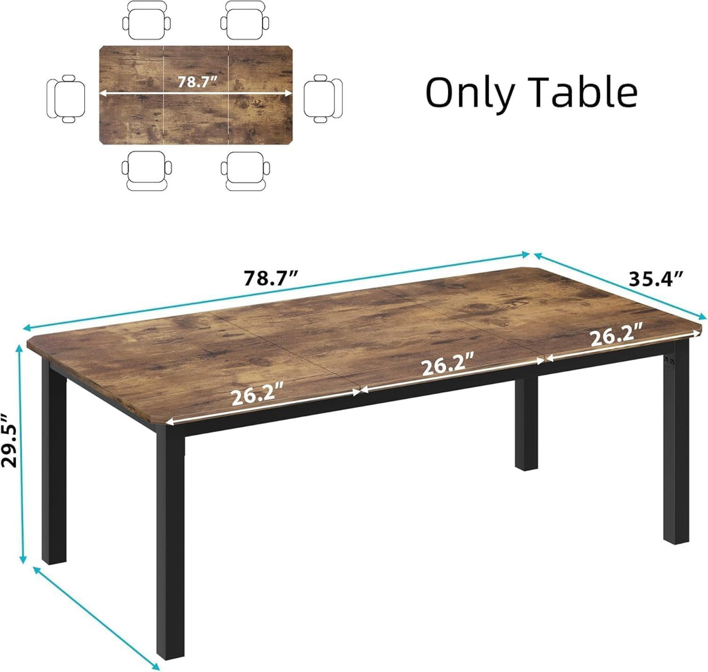 78.7" Industrial Rectangle Dining Table for 6-8 People, Modern Wood Dinner Table, Retro Style Dining Table for Kitchen & Dining Room, Sturdy Metal Frame (Table Only)