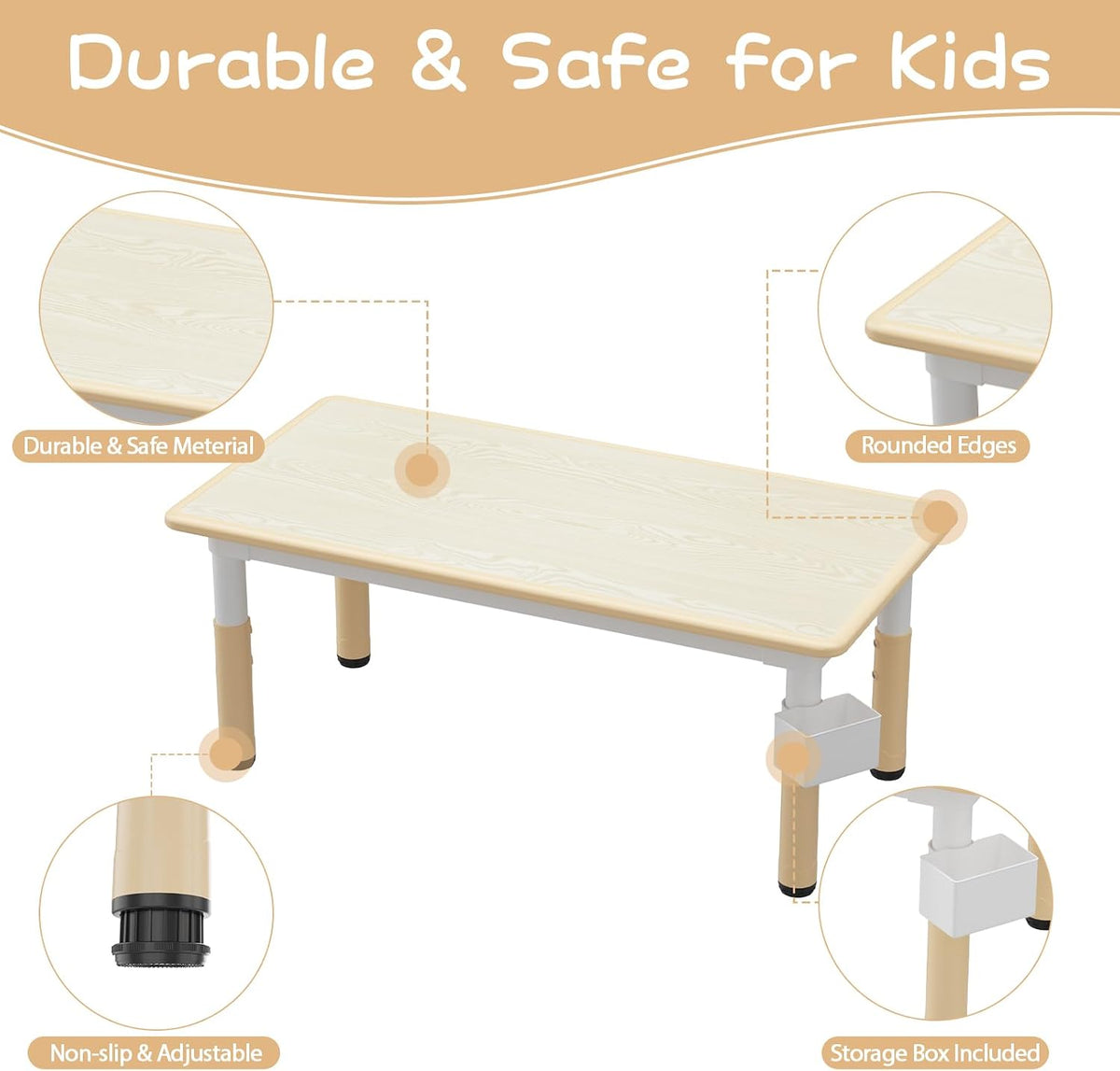 Jojoka Natural Wood Kids Table & 6 Chairs Set – with Storage Box | for ages 2-10, Built-in storage box, Graffiti desktop for creative play, Non-slip legs for safety.