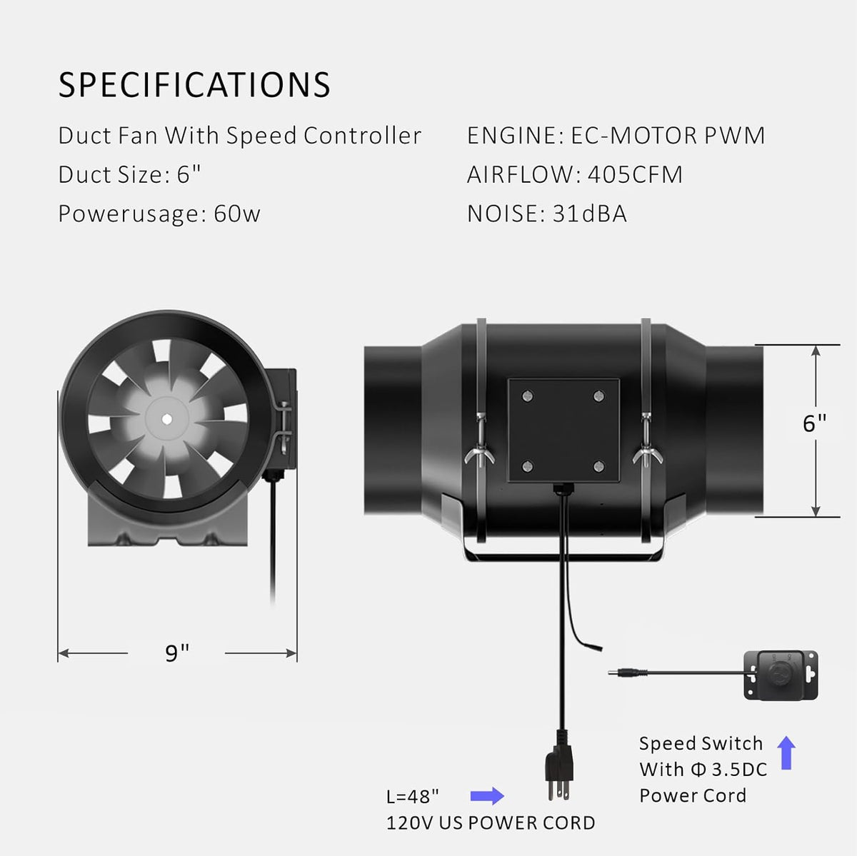 Toolazy Quiet 6" Inline Duct Fan 405 CFM Ventilation Exhaust Fan EC Motor and External 0-100% Variable Speed Controller for Heating Cooling Booster, Grow Tents, Hydroponics